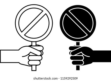 Hands holding signs symbol icons prohibition traffic vector illustration blank black white line solid art product elements materials ingredients objects road streets cop police logo man human badge
