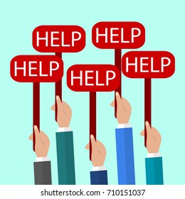 Hands Holding a Signs with the Word Help. Flat Vector Illustration