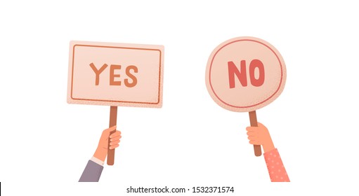 Hands holding signs Yes or No. Test question, choice, dispute, vote. Isolated vector illustration