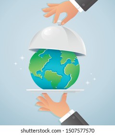 Hands Holding Silver Cloche With Earth. World Food Day Vector Illustration EPS10