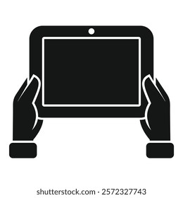 Hands holding simplified black and white vector tablet icon illustration. Representing modern digital device technology and gadget with touchscreen and mobile computing capabilities