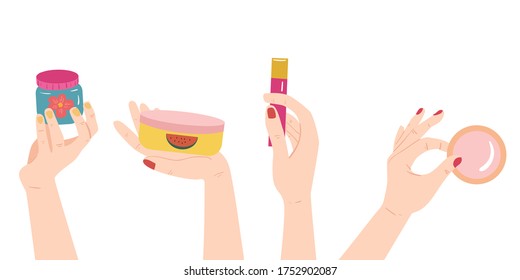 hands holding skin care - cosmetics products bottles - lotion, cream, serum. Banner. Skin care,beauty, body treatment concept.