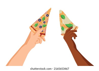 Hands holding slices of pizza