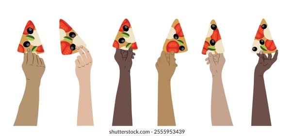 Hands holding slices of pizza. Fingers holding, taking Italian fast food piece. Hands of different color flat vector illustration set isolated on white background