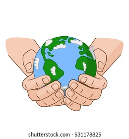 Hands is holding small Earth. Vector illustration concept on the Earth Day