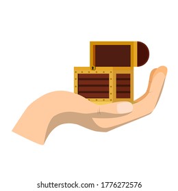 Hands holding a small empty treasure chest. Flat vector illustration isolated on white background