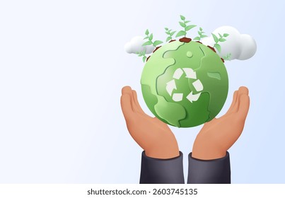 Hands holding small planet globe, happy earth day vector concept. African hands holding globe, earth. World Environment Day. Cartoon planet Earth 3d vector icon, Save green planet concept. 3D style