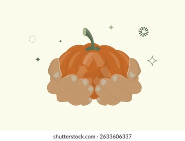 Hands Holding Small Pumpkin with recycling icon. Sustainable autumn celebration. Eco-friendly halloween concept. Eco-conscious season and buy locally. Flat style. Vector illustration
