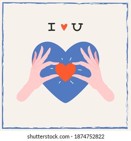 Manos sosteniendo un pequeño corazón rojo. Tarjeta de saludo vector de moda, invitación. Concepto de San Valentín. Diseño minimalista del día de San Valentín para web e impresión. Cuta carta de amor ilustrada. Aislar