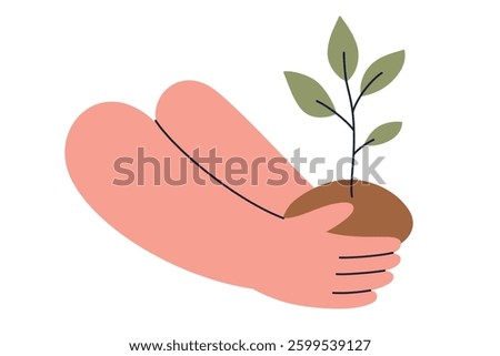 Hands holding small seedling with soil. Vector illustration on planting, gardening, ecology, nature conservation, environmental care. Flat cartoon icon, growth, sustainability, eco friendly lifestyle