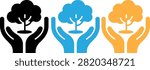 Hands holding small trees icon in black, blue, and yellow colors