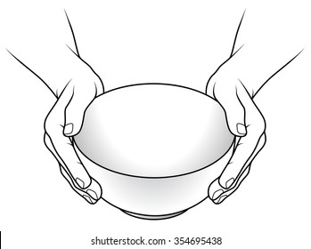 Hands Holding A Small White Ceramic Bowl.