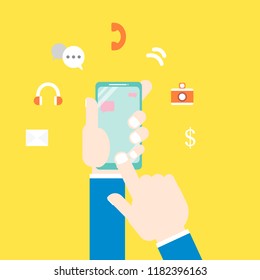 the hands holding the smart mobile phone with icon set,background,flat vector illustration cartoon character costume design isolated