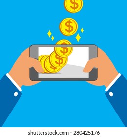 Hands holding smart phone and Earning Big Coins