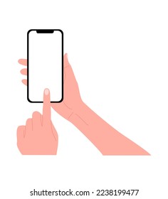 Hands holding smart phone with finger touching blank screen. Mockup of mobile phone with copy space. Flat vector realistic illustration isolated on white background
