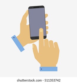 Hands holding smart phone. Flat style icons. Vector illustration