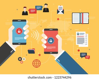 Hands holding smart phone with invasion protection and access to private data. Security and privacy of mobile phone. Secure internet access and data transfer. Flat vector illustration.