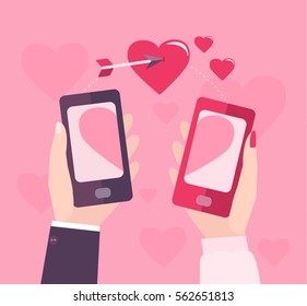 Hands are holding Smart Phone for love - freehand drawing  Happy Valentines Day, vector Illustration.