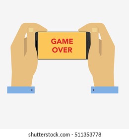 Hands holding smart phone playing game. Flat style icons. Vector illustration