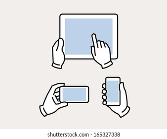 Manos con smartphone, apuntando a tableta de teléfonos inteligentes, icono de dispositivo móvil
