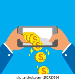 Hands holding smart phone and receiving big coins