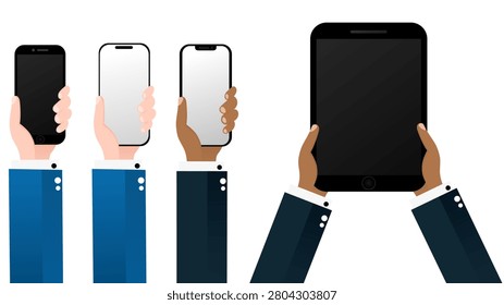 Hands holding smart phone and tablet, diverse skin tones, business attire, digital devices, technology concept