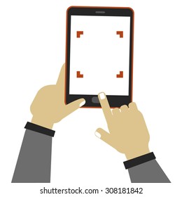  Hands holding smart phone, tablet, video and photo camera