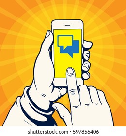 Hands holding a smart phone, using, pressing on screen, vector illustration