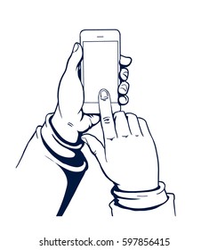 Hands holding a smart phone, using, pressing on screen, vector illustration