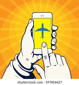 Hands holding a smart phone, using, pressing on screen, vector illustration