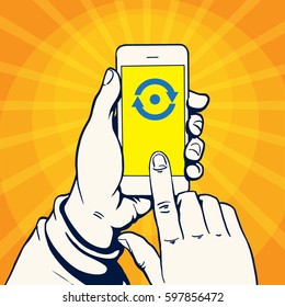 Hands holding a smart phone, using, pressing on screen, vector illustration