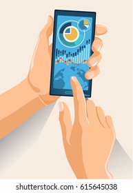 Hands Holding Smart phone Vector Illustration. Working with data information on-line using portable information device touchscreen.