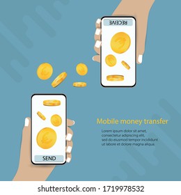 Hands holding smart phones. Banking payment apps. People sending and receiving money wireless with mobile phones.vector illustration.