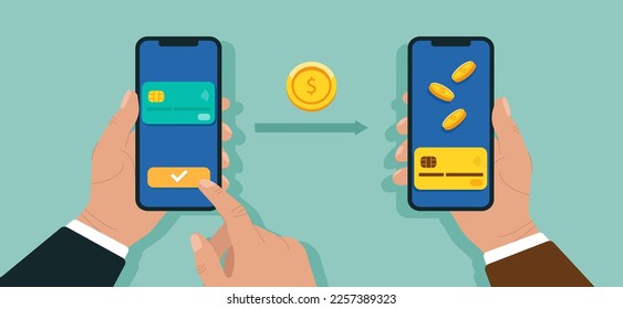 Hands holding smart phones with banking payment apps. Send and receive money wireless with mobile phones. online wallet mobile app for fast exchange or send payments. Vector illustration