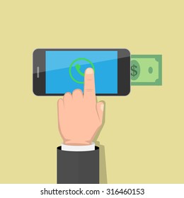  Hands holding smart phones with banking payment apps. Flat style vector icons.