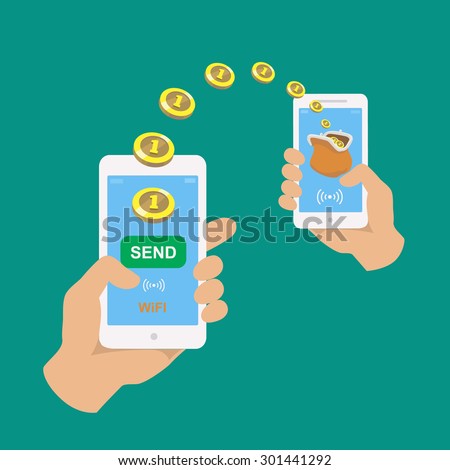 Hands holding smart phones.  Banking payment apps.  People sending and receiving money wireless with mobile phones.  Flat style vector icons.