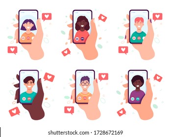 Hands holding smart phones. Finger touch screen, sending message or video chat concept. Flat cartoon illustrations set for web sites and banners design