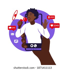 Hands holding smartphone with a african girl shouting in loud speaker. Influencer marketing, social media or network promotion. Blogger promotion services and goods for her followers online. Vector.