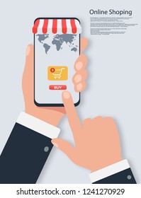 Hands holding smartphone with basket on screen. Online shopping concept.Flat illustration of a  Hand Holding a Smartphone with Shop Basket on the Screen