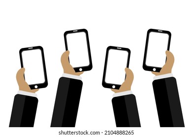 Hands holding smartphone with blank screen mockup. Social network communication on mobile apps. Home office with telephone. illustration vector
