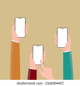 Hands holding smartphone with blank screen mockup. Social network communication on mobile apps. Home office with telephone. illustration vector