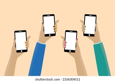 Manos sosteniendo un smartphone con pantalla en blanco paro. Comunicación de redes sociales en aplicaciones móviles. Oficina en casa con teléfono. vector de ilustración