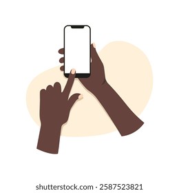 Hands holding smartphone with blank screen, flat vector illustration isolated.