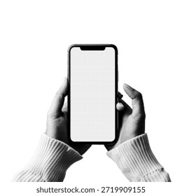 Manos que sostienen el smartphone con la pantalla en blanco en estilo del medio tono. Ilustración retro en blanco y negro de la maqueta del dispositivo móvil. Tecnología moderna, presentación App y concepto de interfaz digital aislado sobre fondo blanco.