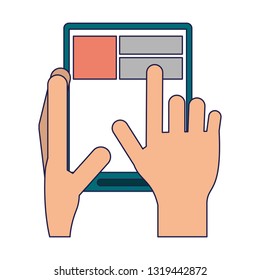 hands holding smartphone blue lines