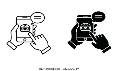 Hands holding a smartphone with a burger icon and chat bubble, representing mobile food ordering and delivery apps.