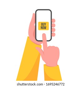 Hands holding smartphone with buy button. Flat style cartoon vector illustration.