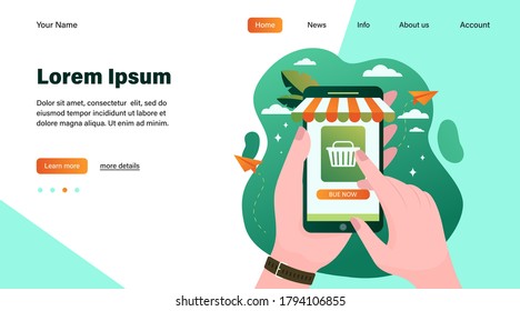 Hands holding smartphone and buying in online store. Phone, sale, buyer flat vector illustration. Shopping and digital technology concept for banner, website design or landing web page