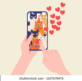 Hands holding smartphone and cats   like post   People love cats  National Cat Day  Vector illustration in modern flat style 