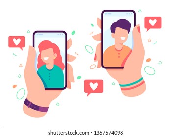 Hands holding smartphone with chatting boy and girl on smartphone screen. Chatting with loved one concept. Finger touch screen. Vector flat cartoon illustration